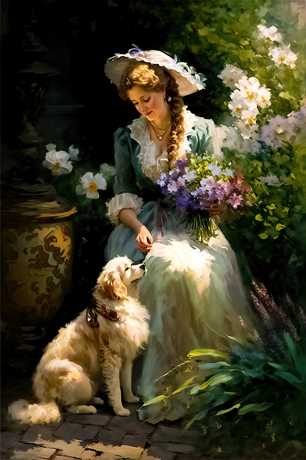 a woman and her dog painting