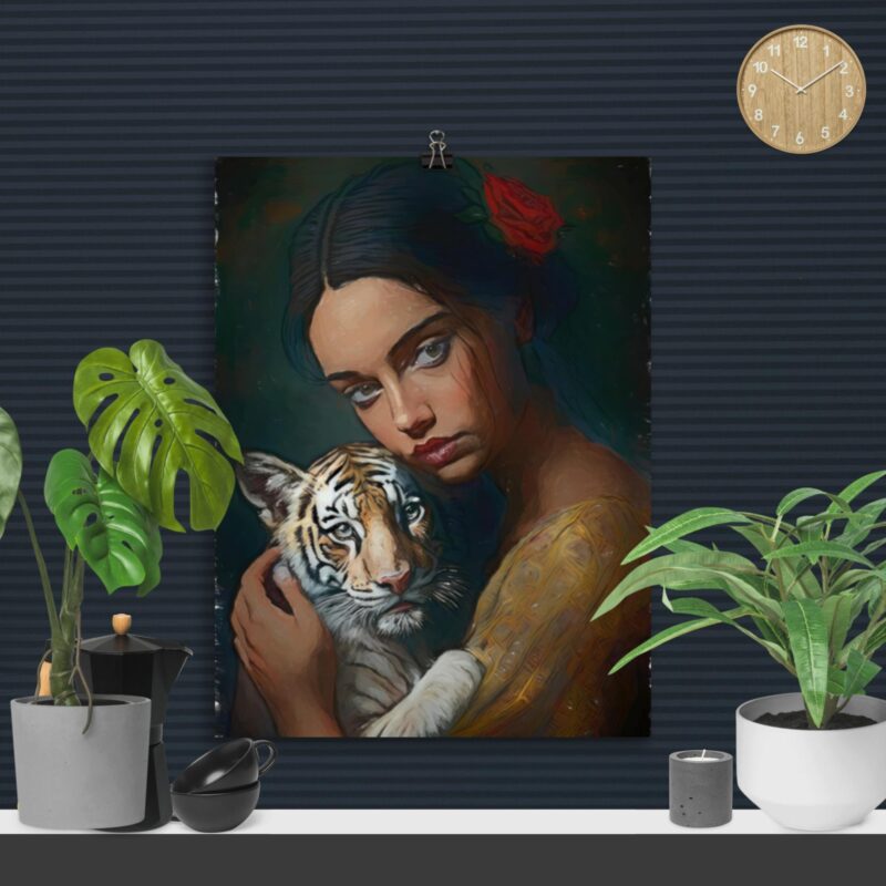 Portrait Painting Oil Digital On Canvas Lady And The Tiger Large Fine Art Prints For Sale