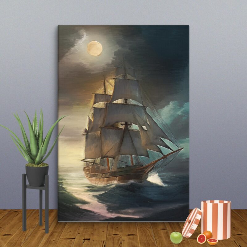 Pirate Ship Painting Tall Pirate Ship Oil Painting On Canvas Marine Artwork For Sale, Hand Painted 24×36 in For Sale