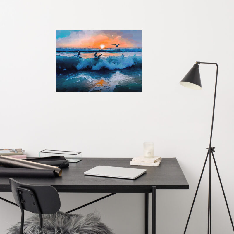 Waves Sunset with Flying Birds Oil Painting digital on canvas fine art print for sale