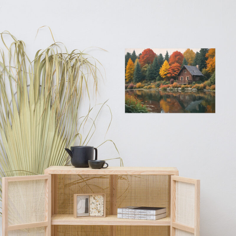 Autumn painting of a cozy cabin digital on canvas fine art print