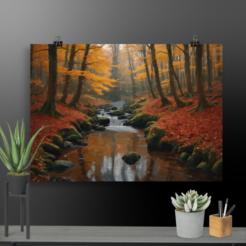 Autumn painting woodland stream digital oil on canvas fine art print for sale