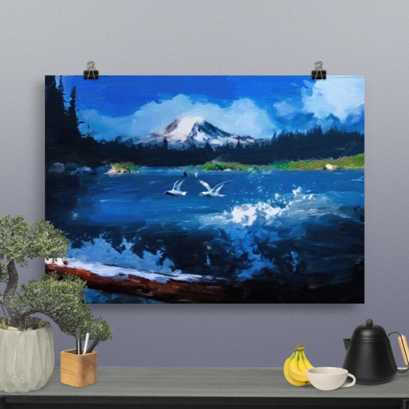 Blue Lake and Mountain Painting oil digital on canvas fine art print for sale
