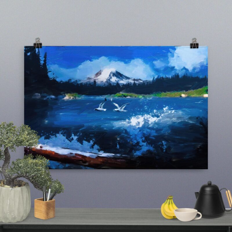 Blue Lake and Mountain Painting oil digital on canvas fine art print for sale