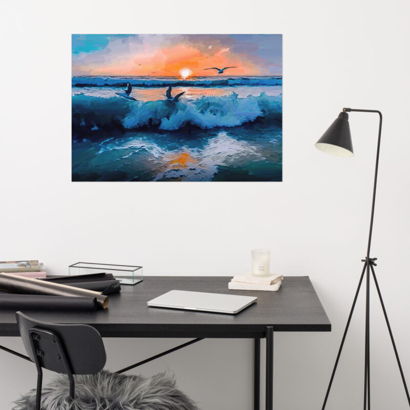 Waves Sunset with Flying Birds Oil Painting