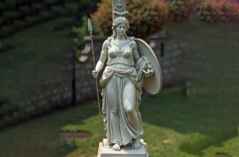 Athena with shield garden sculpture