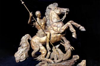 Saint George slaying dragon statue