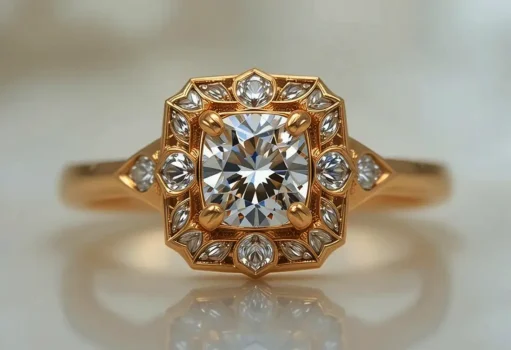 Gold Art Deco Engagement Rings Geometric Halo Settings