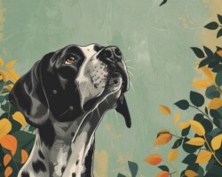 Vintage Art Dog Gallery 102 a black and white great dane dog, young dog, children's illustration style, looking up at a bird on a tree, background yard of a pet shelter