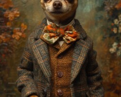Vintage Art Dog Gallery 54 a portirate of a fat miniature pinscher dressed in a suit & bow tie oil painting