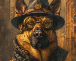 Vintage Art Dog Gallery 51 a textured oil painting of a german shepherd dog wearing vintage military