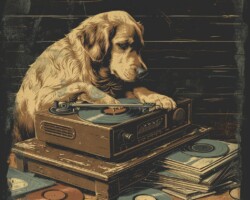 Vintage Art Dog Gallery 88 a vintage distressed image of a dog lounging next to a record player vintage art
