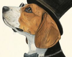 Vintage Art Dog Gallery 43 an illustration of a beagle looking up wearing a monocle on a chain and a black top hat
