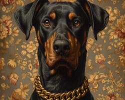 Vintage Art Dog Gallery 27 doberman, victorian inspired illustrations a black and gold dog wearing a chain around their neck