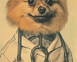 Vintage Art Dog Gallery 13 pomeranian dog, in doctor's outfit, infographics, vintage, surrealism