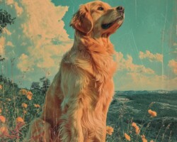 Vintage Art Dog Gallery 77 postmodern photorealistic collage of a vogue photoshop of a golden retriever on a mountain trail