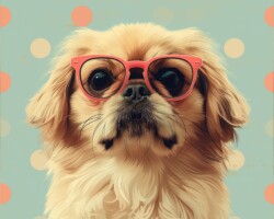 Vintage Art Dog Gallery 65 a cartoon pekingese in glasses in front of a polka dot background