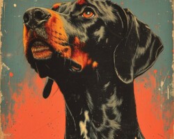 Vintage Art Dog Gallery 101 a colored painting of a hound shepard dark green and black shiny glossy, martin ansin, graphic design poster art