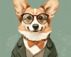 Vintage Art Dog Gallery 56 a corgi dressed like a nerd, soft pastel colours, vintage design