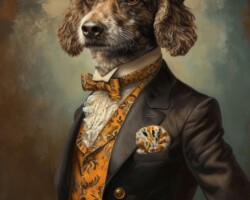 Vintage Art Dog Gallery 57 a dog hunter dressed in a chevaux shirt and top hat