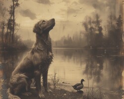 Vintage Art Dog Gallery 100 a dog standing in the water with ducks, in the style of sepia tone, digital art techniques
