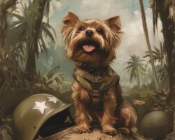 Vintage Art Dog Gallery 55 a happy york dog sitting in a helmet with a jungle battlefield in the background vintage art