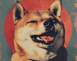 Vintage Art Dog Gallery 53 a retro style nft image of a shiba inu dog smiling, with his eyes closed