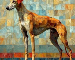Vintage Art Dog Gallery 52 a slim fit brown and tan greyhound female dog made of triangles and geometric shapes