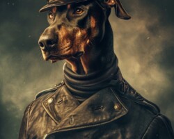 Vintage Art Dog Gallery 40 a vintage doberman dog in a submarine outfit, wearing a hat, turtleneck collar, poster