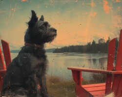 Vintage Art Dog Gallery 92 aged polaroid of a black scottievintage travel poster of cool scottish terrier sitting on the famous red chairs of canada