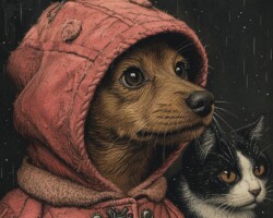 Vintage Art Dog Gallery 93 an anthropomorphic brown miniature pinscher puppy dressed in a pink hooded coat and a black and white cat