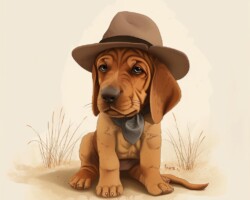 Vintage Art Dog Gallery 38 bloodhound puppy, wearing a brown hat, looking like a detective