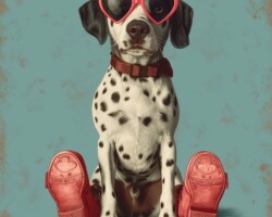 Vintage Art Dog Gallery 32 dalmatian dog with a unique sense of fashion, hipster and cool, wearing heart shaped sunglasses and boots