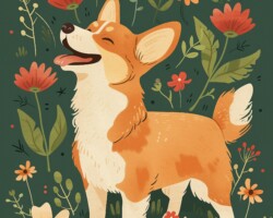 Vintage Art Dog Gallery 25 digital art cute corgi dog happy, side view only, standing up