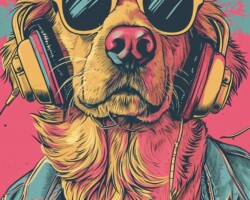 Vintage Art Dog Gallery 26 digital art, golden retriever male dog with gold sunglasses ,cool ,punk