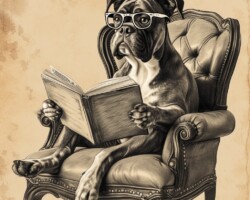 Vintage Art Dog Gallery 28 drawing of a boxer canine with glasses on reading a book and sitting in a chair