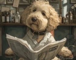 Vintage Art Dog Gallery 23 goldendoodle sitting in a barbershop getting a haircut while reading newspaper