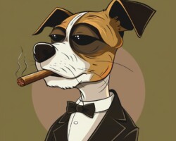 Vintage Art Dog Gallery 20 minimalistic cartoon dog portrait, rick and morty style, smoking a big brown cigar