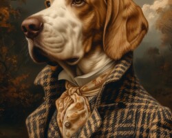 Vintage Art Dog Gallery 10 oil painting, basset hound dog dressed as a member of the bradley family from the wedding party