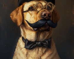 Vintage Art Dog Gallery 18 oil painting majestic, regal portrait of a young short haired golden labrador dog with a black handlebar moustache