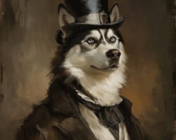 Vintage Art Dog Gallery 17 oil painting of a husky dog wearing a top hat and monocule
