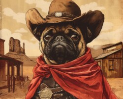 Vintage Art Dog Gallery 16 oil painting of pug dressed as a cowboy in an old western movie scene. cartoon.