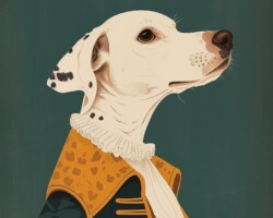 Vintage Art Dog Gallery 76 playful and whimsical vintage illustration portrait from the 1950s, dog dressed in victorian clothes, renaissance portrait, cute, simplistic, minimalistic