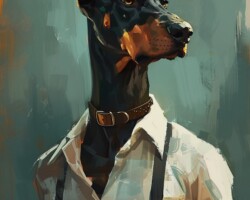 Vintage Art Dog Gallery 14 portrait of a elegant doberman dressed in white shirt and a suspenders