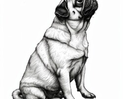 Vintage Art Dog Gallery 15 pug dog sitting down looking upwards,side view, black and white
