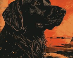 Vintage Art Dog Gallery 78 retro b movie style poster of a flat coated retriever