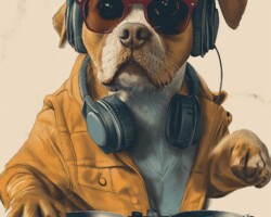 Vintage Art Dog Gallery 7 retro style t shirt design screenprint of a dj dog , white background vignette