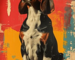 Vintage Art Dog Gallery 69 vintage cottagecore poster of a basset hound dog sitting, illustration, in the style of andy warhol