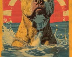 Vintage Art Dog Gallery 66 vintage psychedelic 70's style poster of an american pitbull swimming in the sea